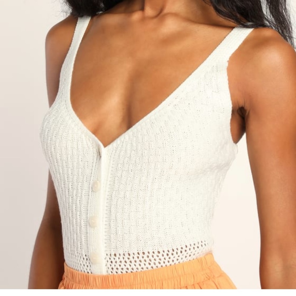 Pointelle the Way Ivory Sweater Knit Button-Up Cami Tank Top NWT